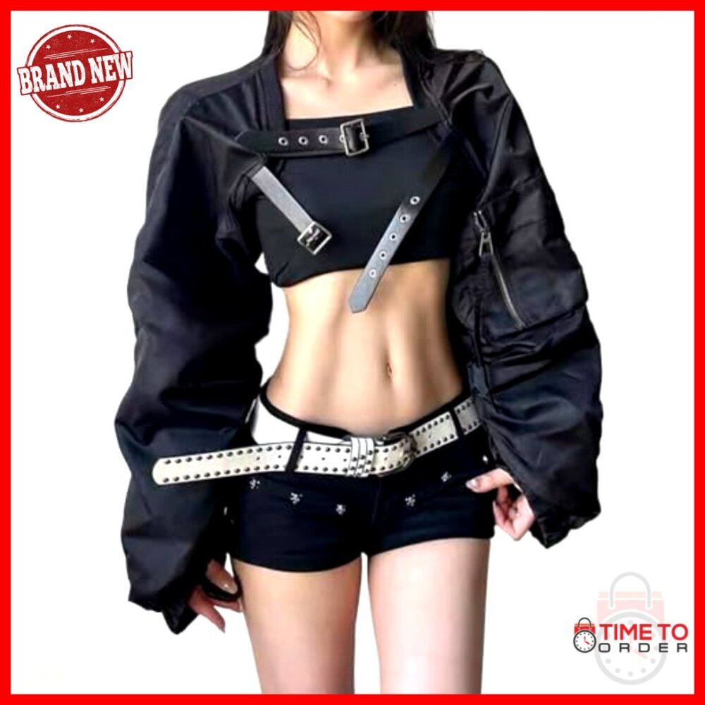 Y2K Motorcycle Jacket with Belt, Pleated Long Sleeve, Cropped Fit, Polyester